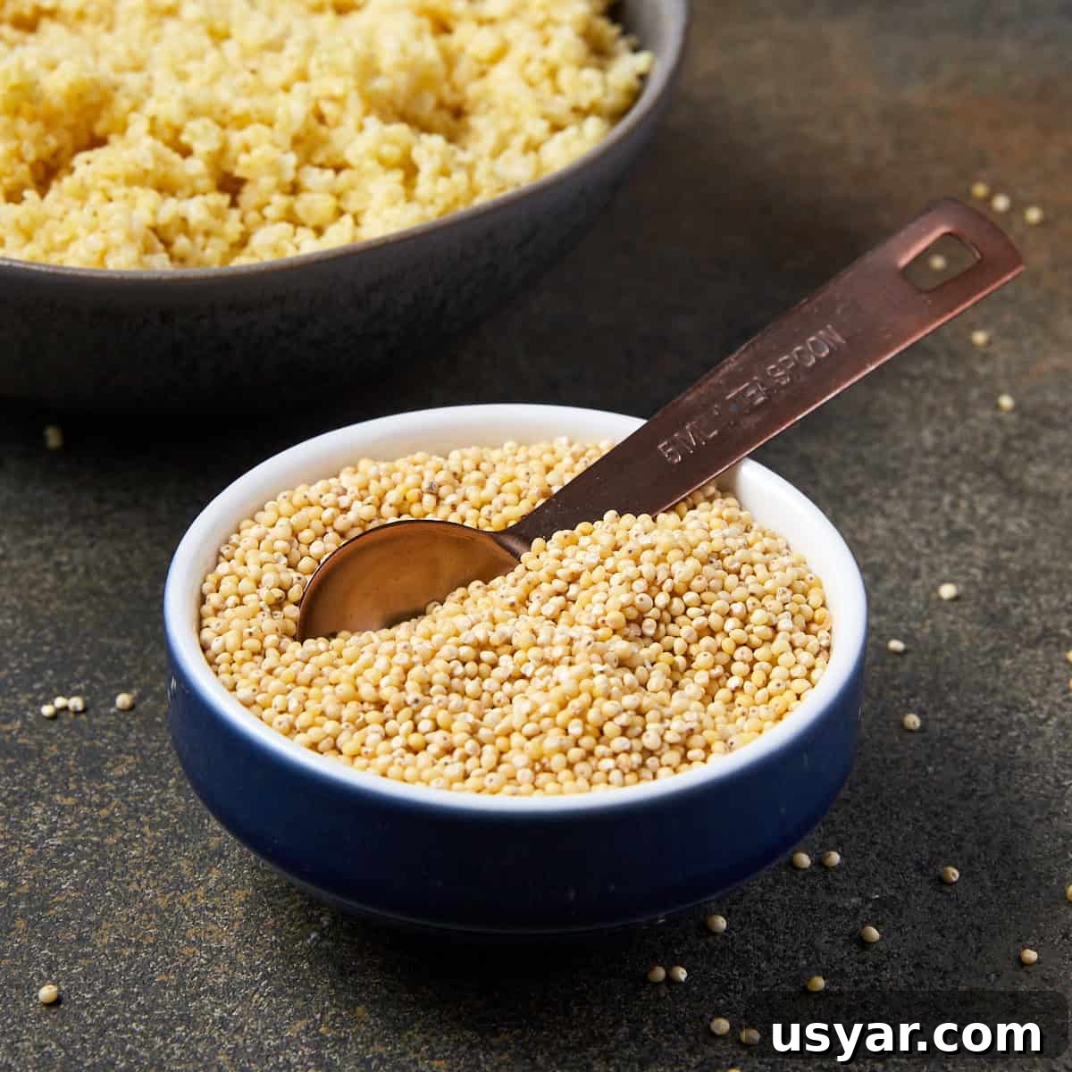 Fluffy Millet: Stovetop and Instant Pot Cooking Methods 5 Pinterest graphic showing a bowl of raw millet with cooked millet in the background.
