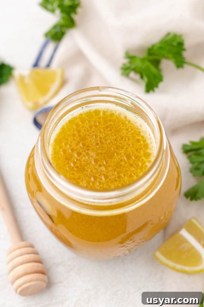 Honey Lemon Vinaigrette Salad Dressing Recipe 6 Top down view of a jar of salad dressing.