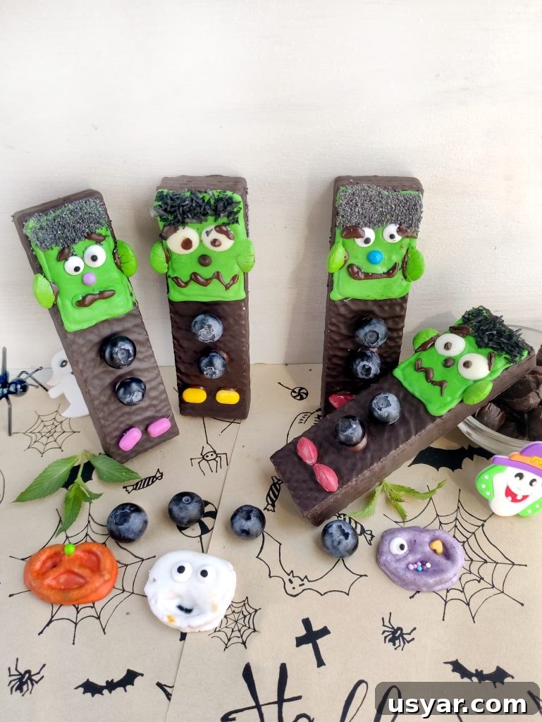 How to Make Frankenstein Chocolate Bars for Halloween 2 Frankenstein chocolate bars on a tray