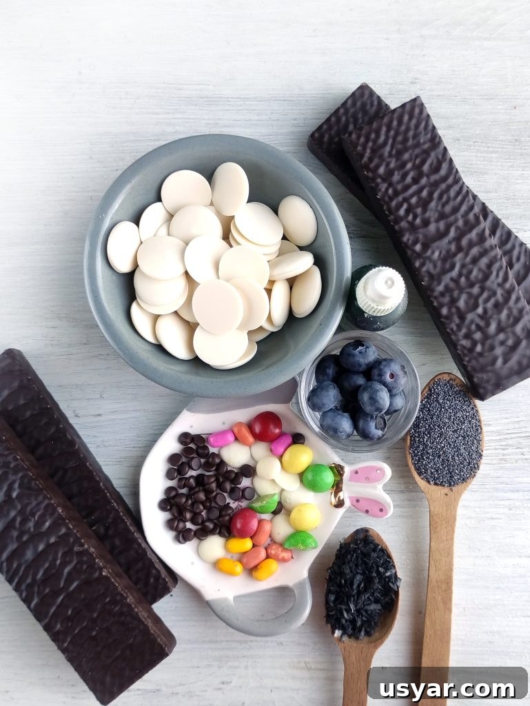 How to Make Frankenstein Chocolate Bars for Halloween 3 Ingredients laid out for Frankenstein chocolate bars