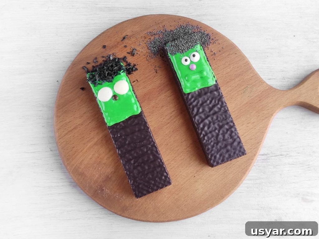How to Make Frankenstein Chocolate Bars for Halloween 6 Adding hair and eyes to Frankenstein chocolate bars