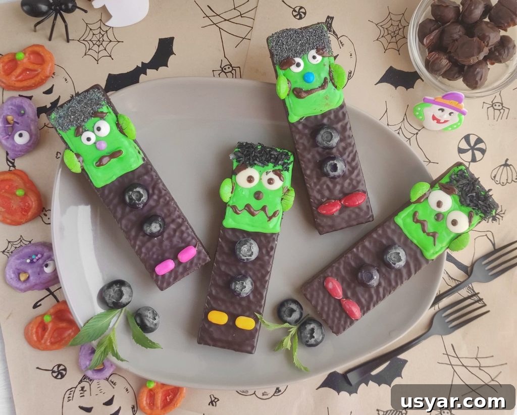 How to Make Frankenstein Chocolate Bars for Halloween 9 Close up of Frankenstein candy bar details
