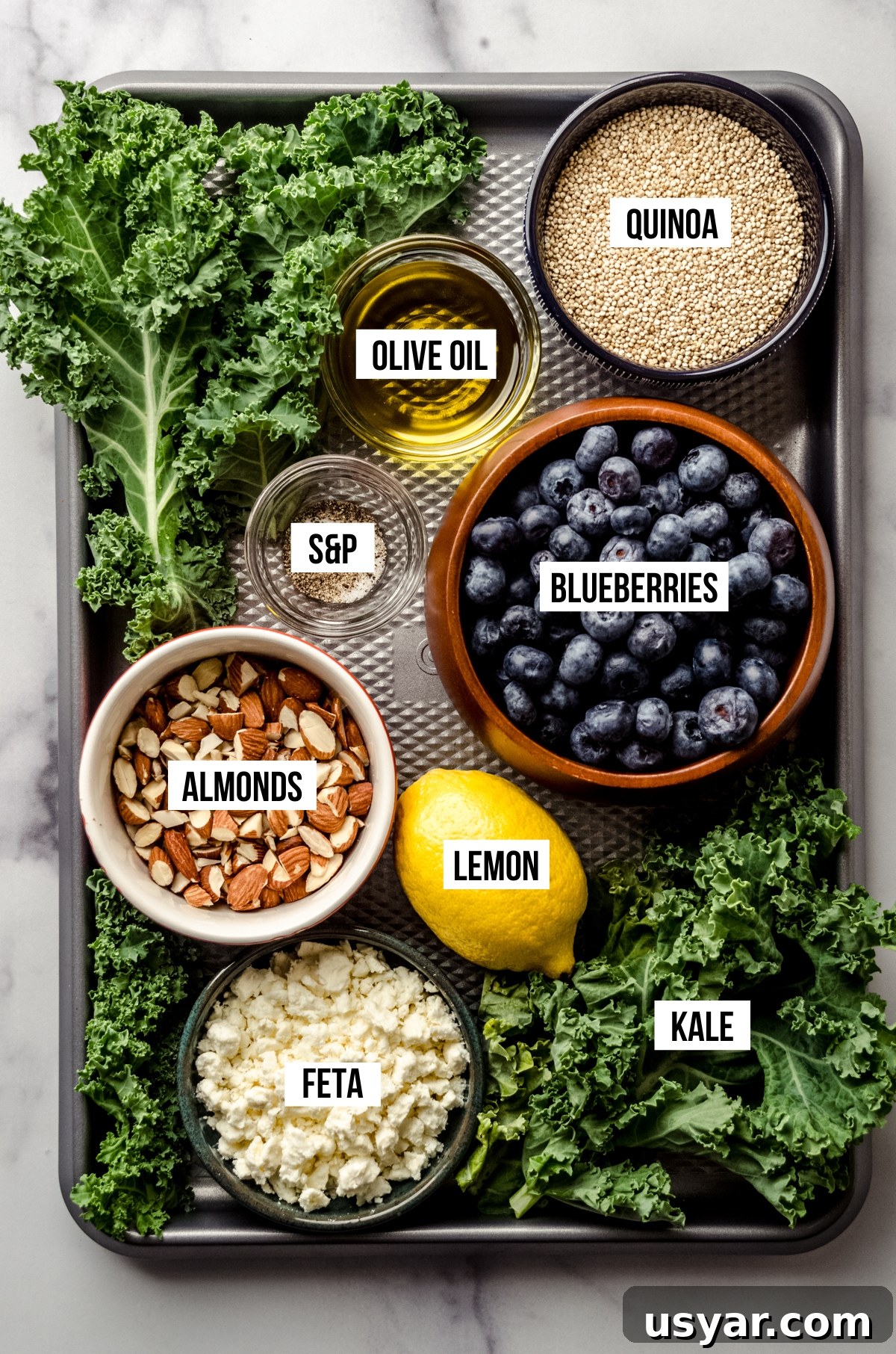 Aerial photo of ingredients for blueberry quinoa kale salad with text overlay.