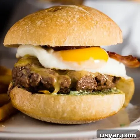 French Bistro Burgers recipe with herb aioli, Gouda cheese, bacon, and egg