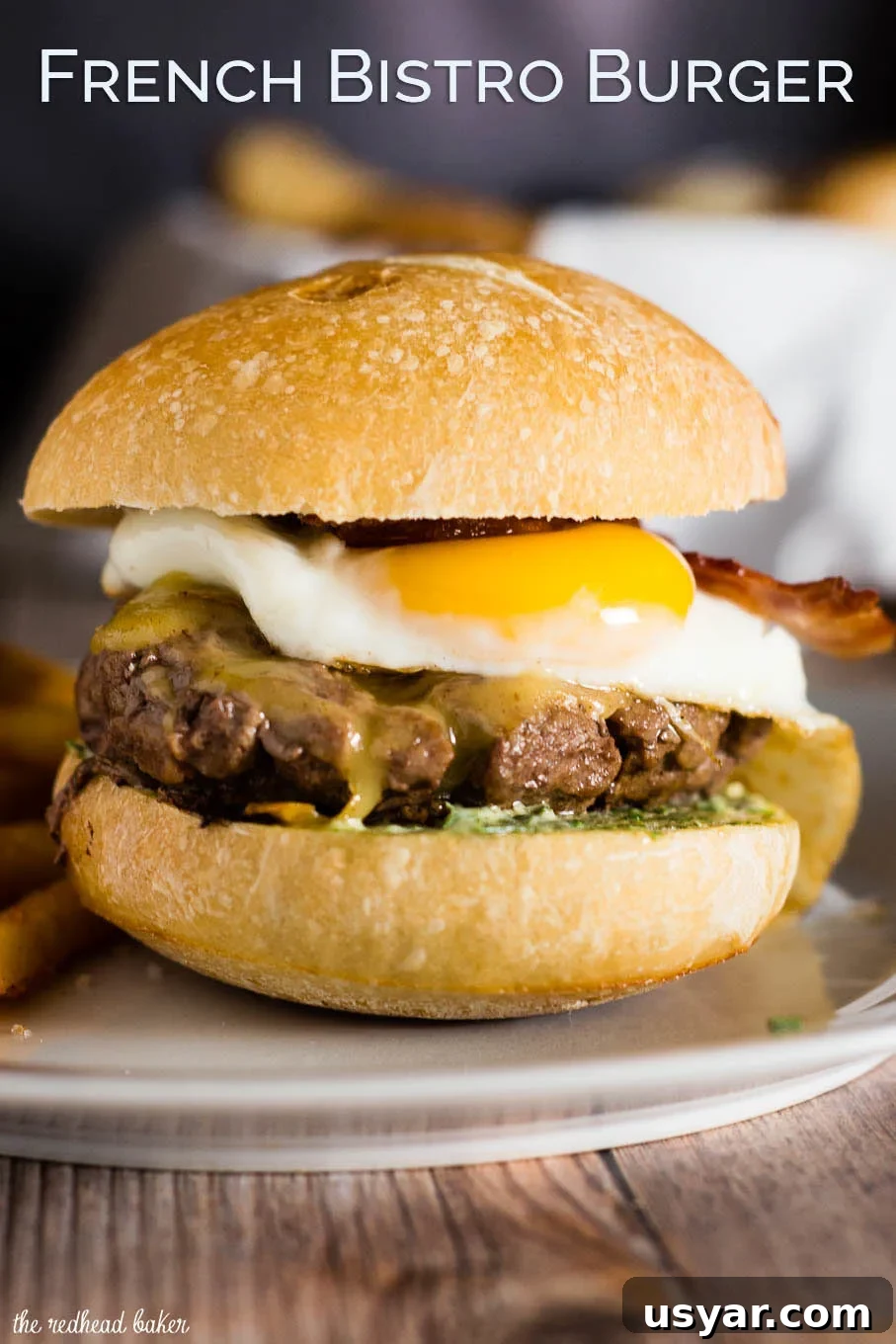 French Bistro Burgers with Gruyère and Dijon 5 French Bistro Burgers with herb aioli, bacon, Gouda cheese, and egg on French rolls