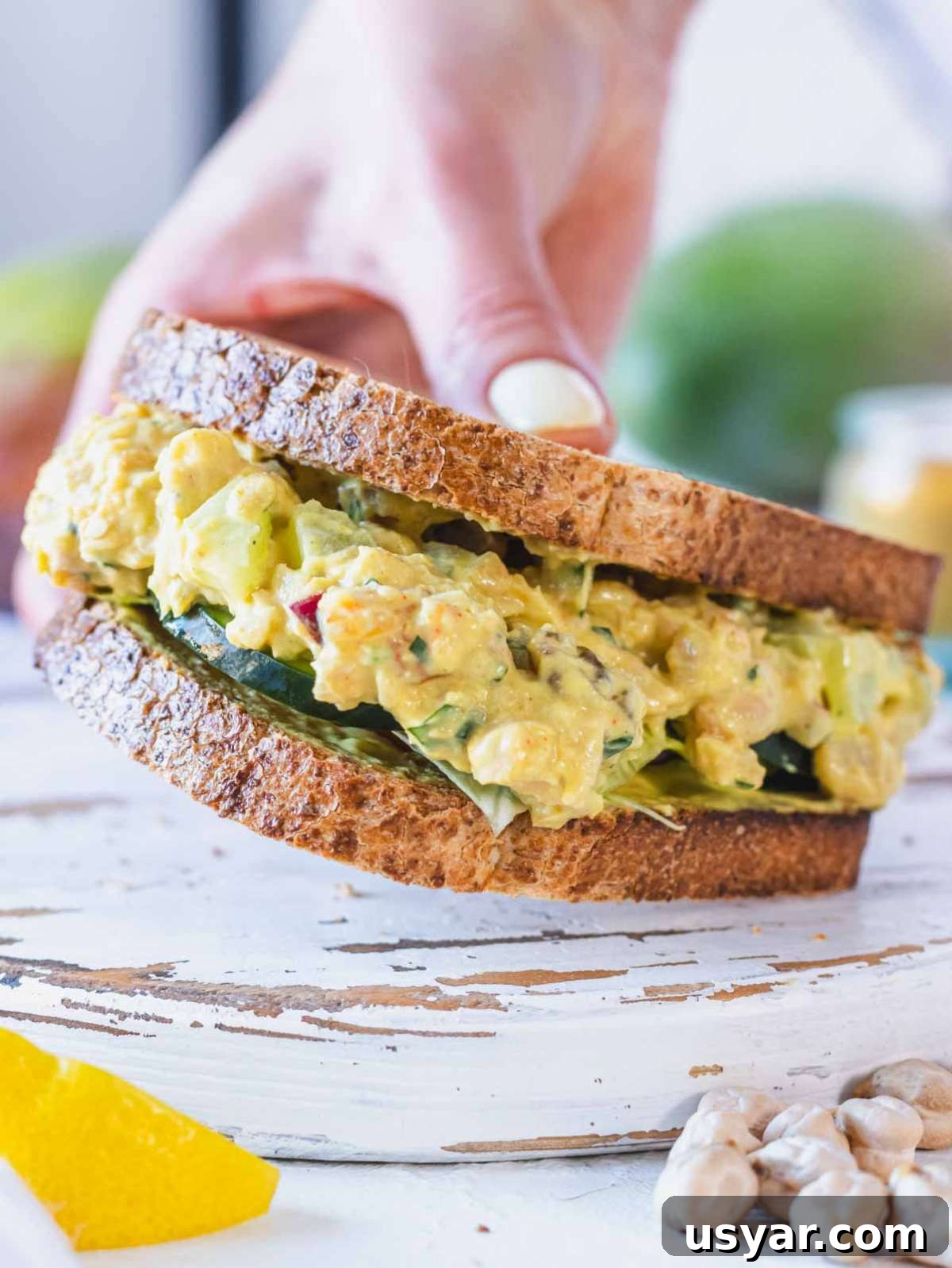 Curry chickpea salad in a sandwich.