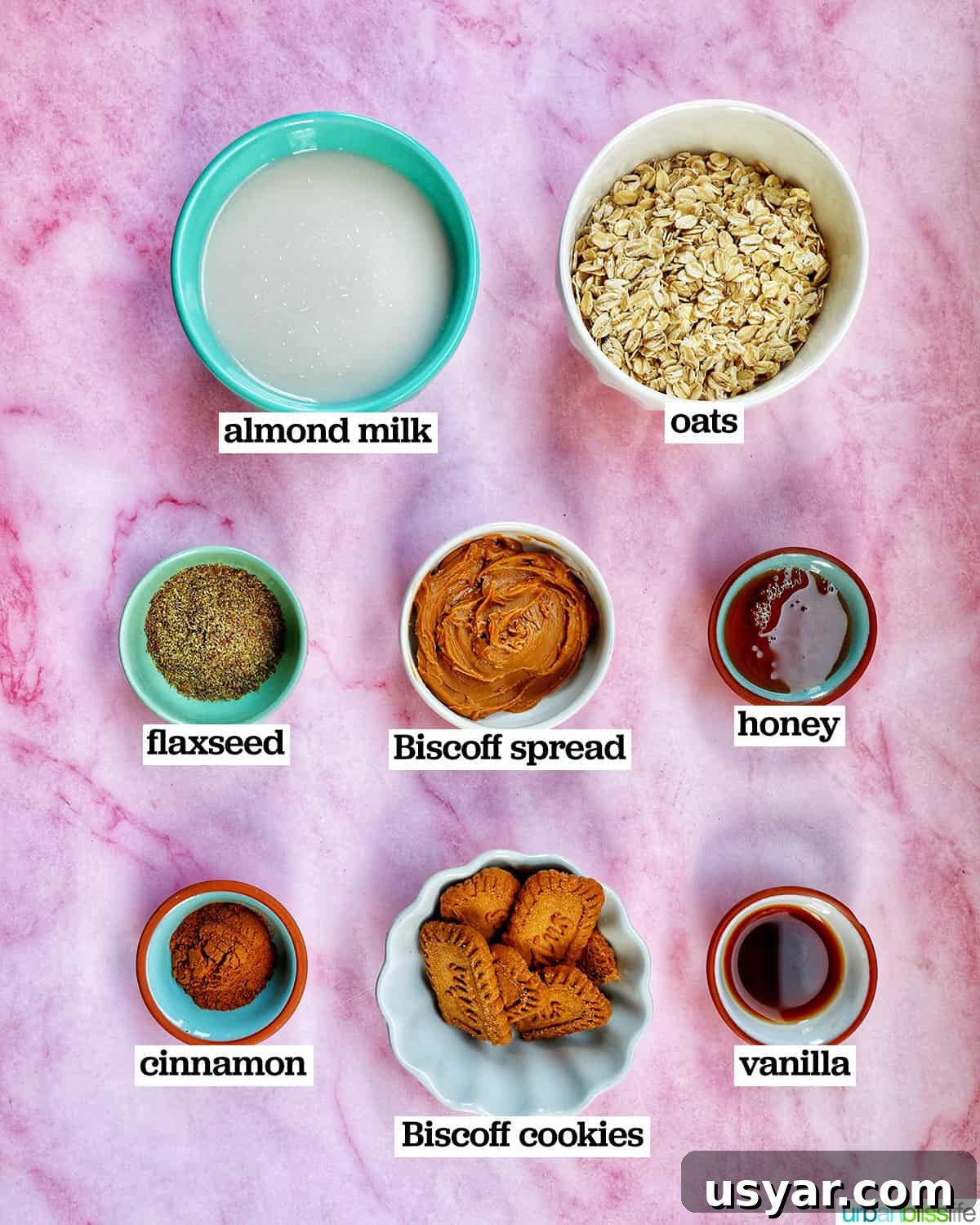 Creamy Biscoff Overnight Oats Recipe 4 bowls of ingredients to make Biscoff overnight oats.