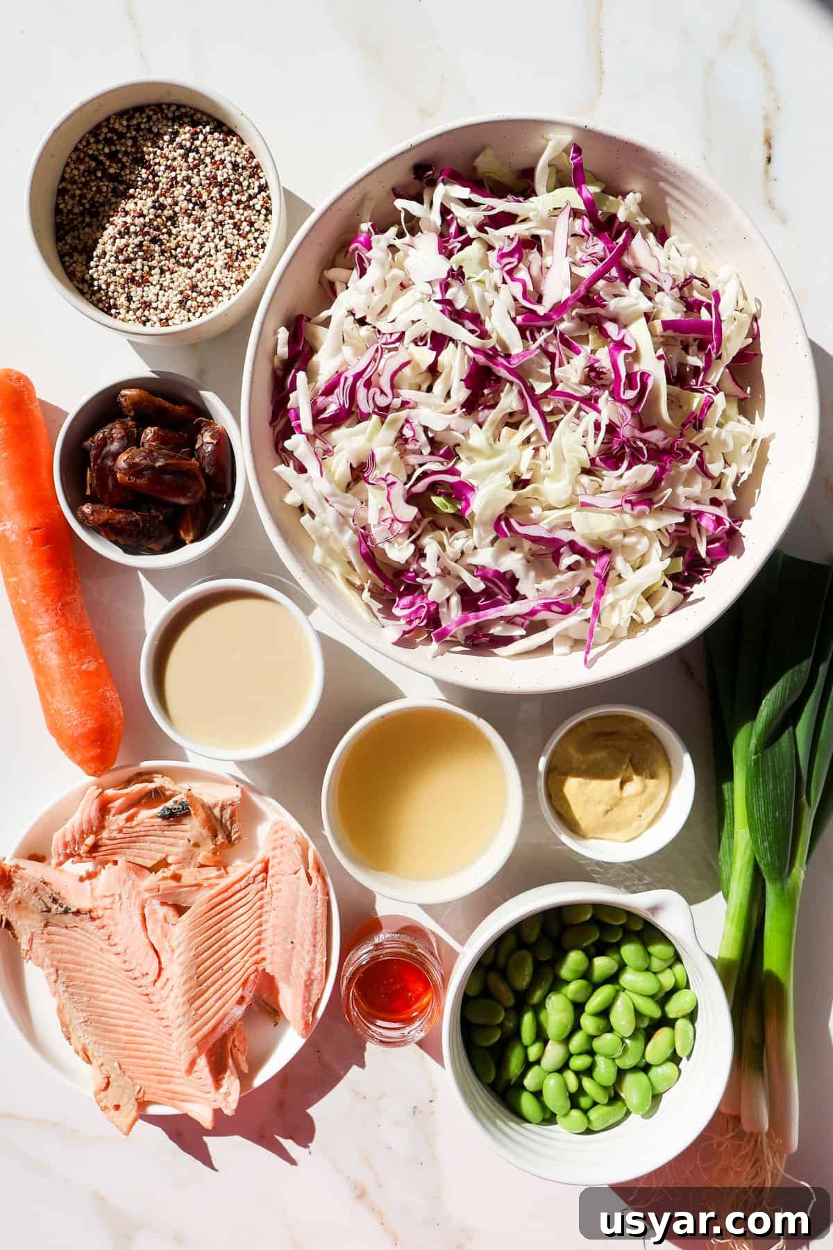 Smoked Trout and Edamame Salad with Lemon Dressing 4 Ingredients shown to make the recipe.