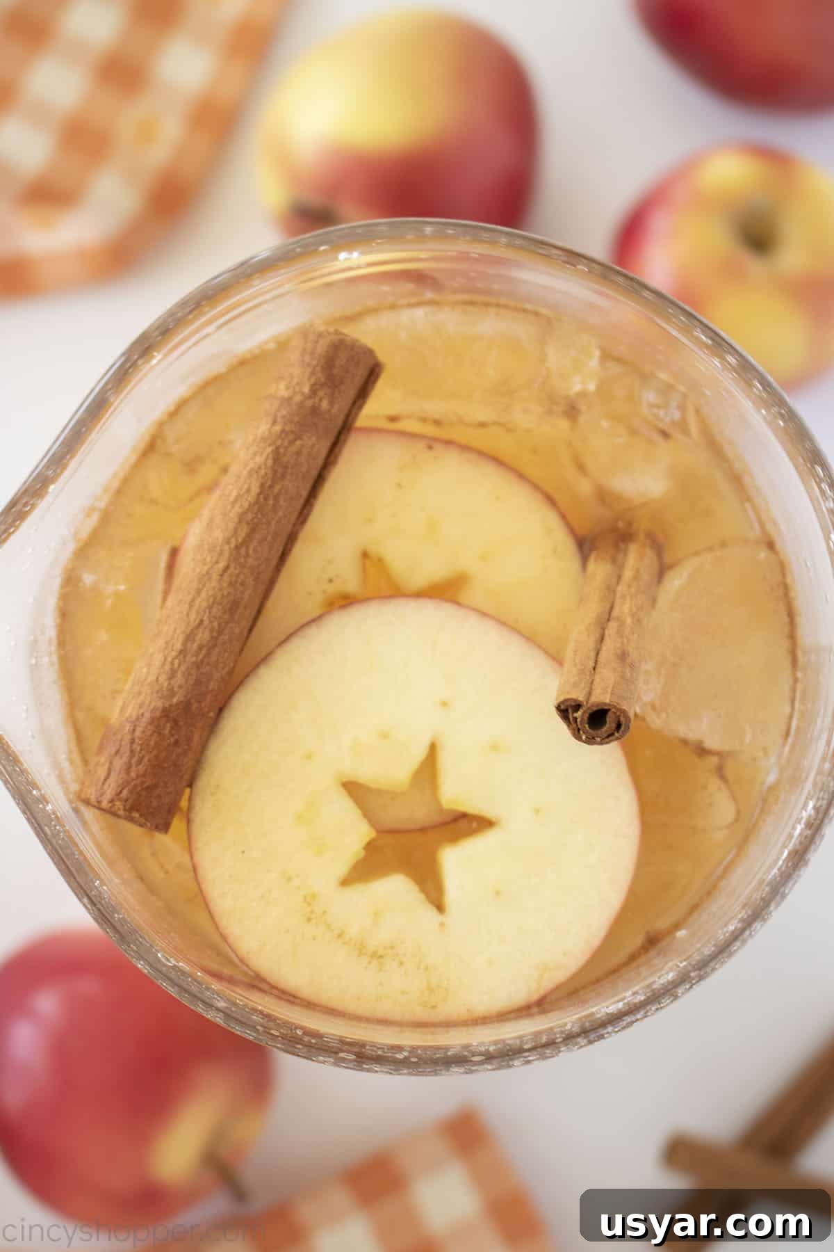 Overhead closeup of Thanksgiving Punch in a Pitcher with sliced apples, apples and cinnamon sticks