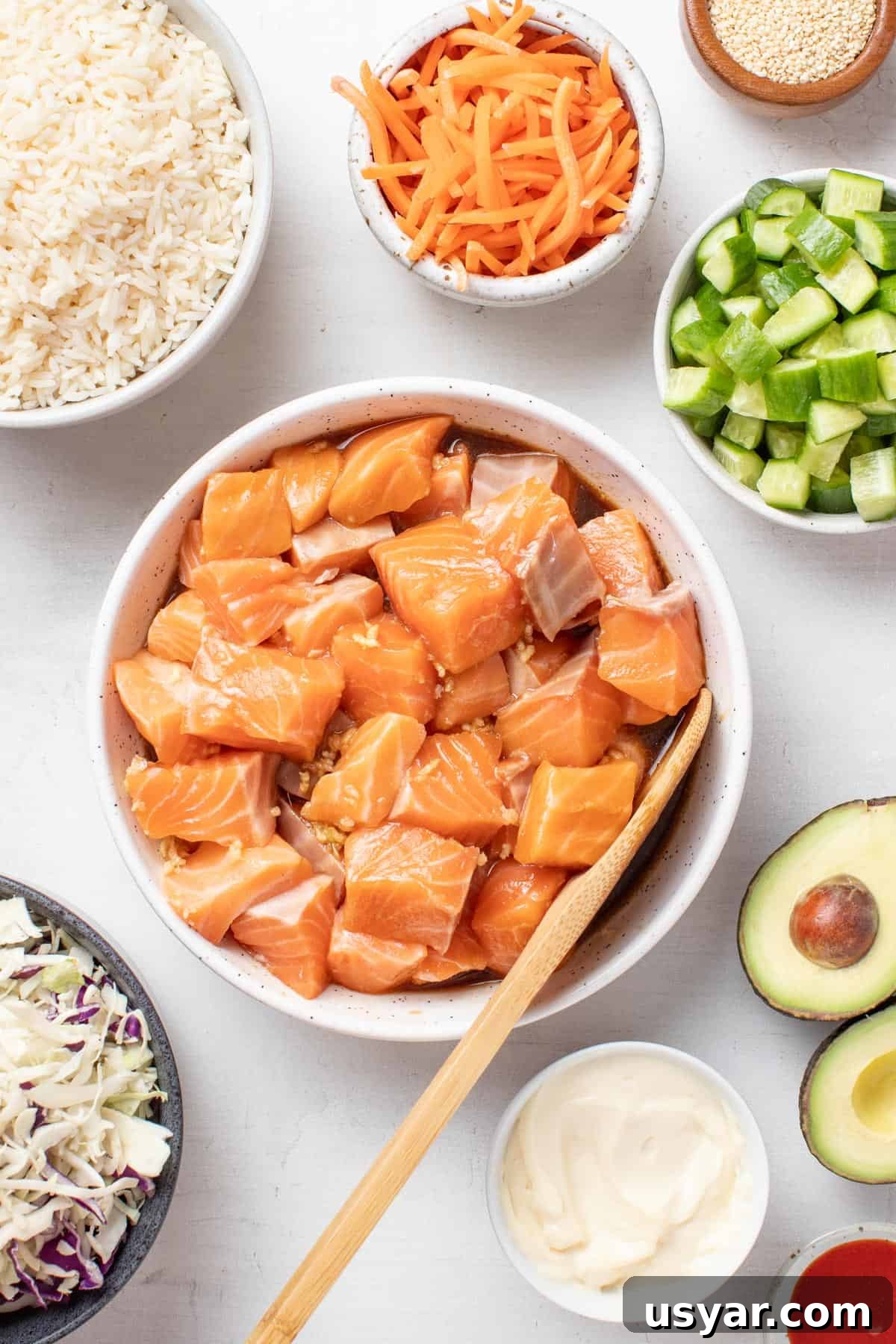 Spicy Mayo Salmon Rice Bowl 5 Salmon being marinated in a homemade teriyaki sauce.