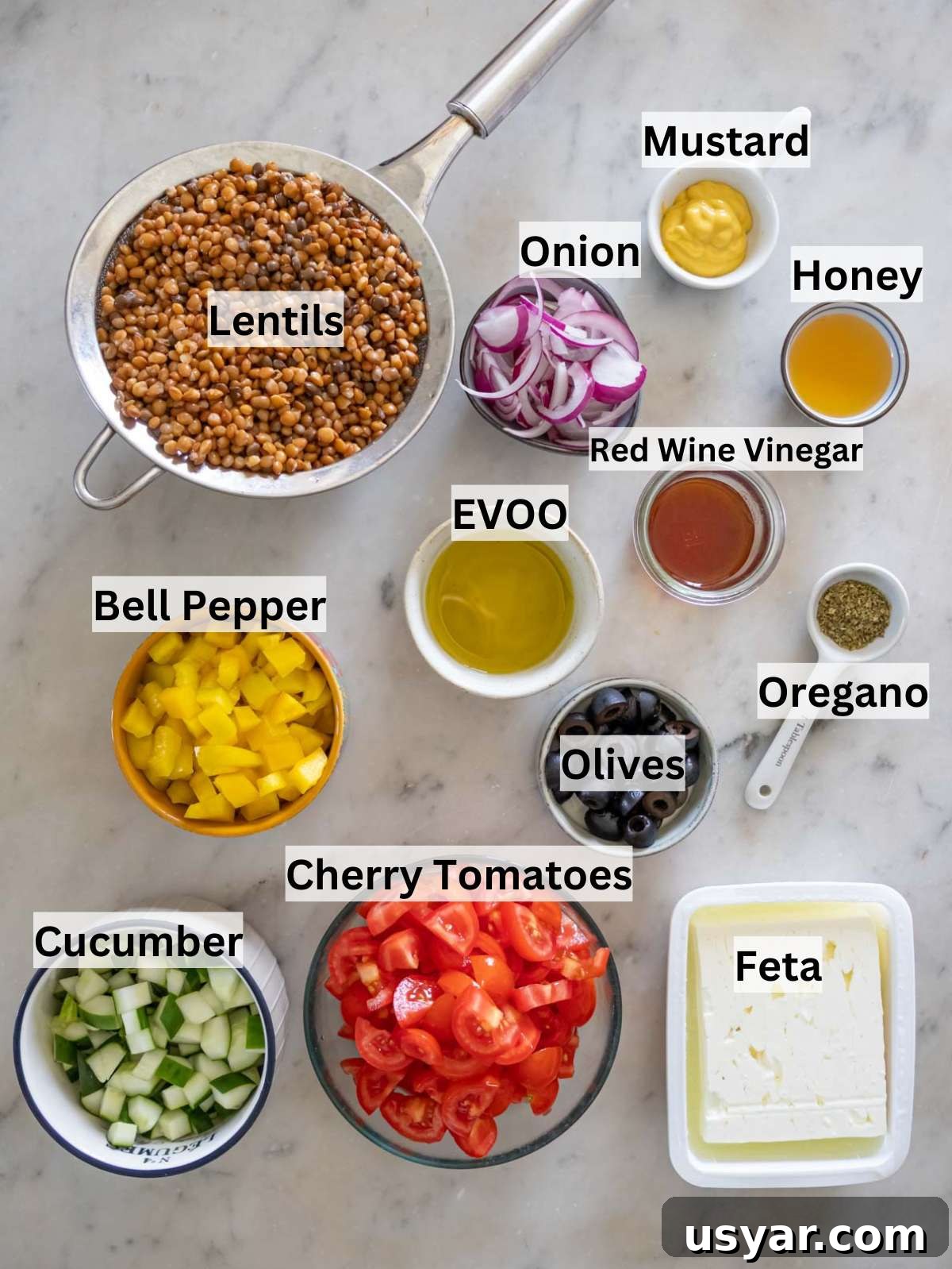 Greek Lentil Salad with Tangy Lemon-Herb Dressing 4 Ingredients for Greek lentil salad arranged on a table with vegetables feta and olives.