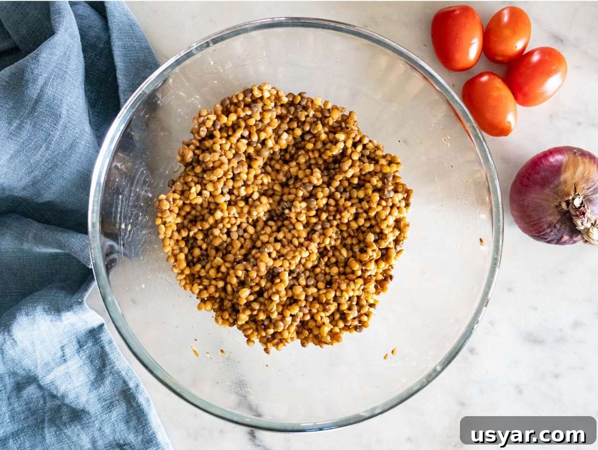 Greek Lentil Salad with Tangy Lemon-Herb Dressing 6 Step 2 Lentils marinating in dressing with herbs for extra flavor before adding vegetables.