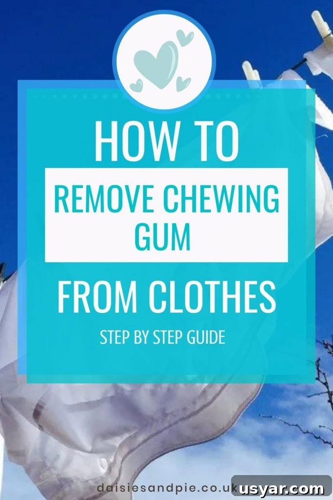 How to Remove Chewing Gum From Clothes Without Damage 2 laundry blowing on the washing line against a blue sky. Text overlay reads "how to remove chewing gum from clothes - step by step guide"