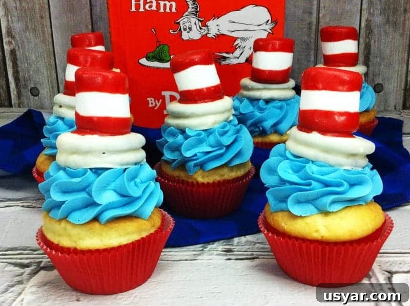Cat in the Hat Cupcakes for Dr. Seuss Day Party 2 Cat in the Hat cupcakes are the perfect treat to make for a Dr. Seuss Day party or Dr. Seuss birthday party. Made using boxed cake mix and premade frosting, the only thing you really need to spend time on is the fun Cat and the Hat topper that sits on top of the cupcakes!