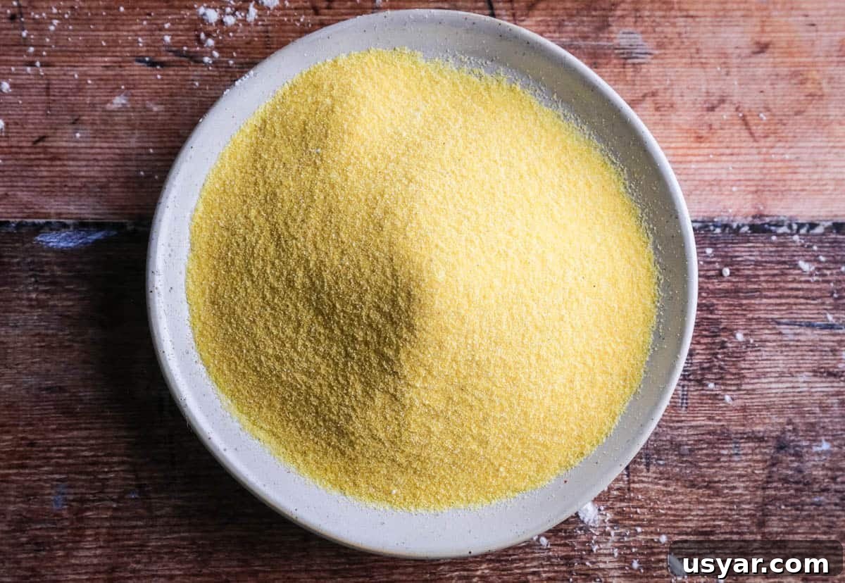 Cornflour vs Cornstarch vs Cornmeal: Key Differences & Uses 8 A bowl of polenta (cornmeal) on a table. It's yellow with a medium grain.