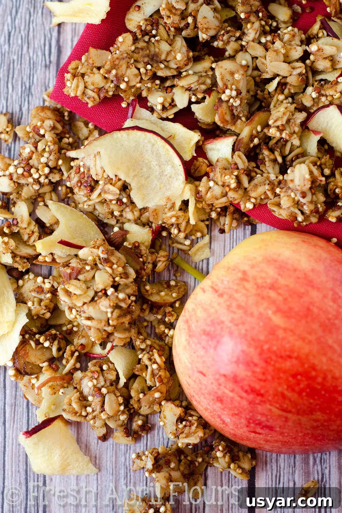 Crispy Apple Quinoa Granola Recipe 2 An aerial photo of apple quinoa granola.