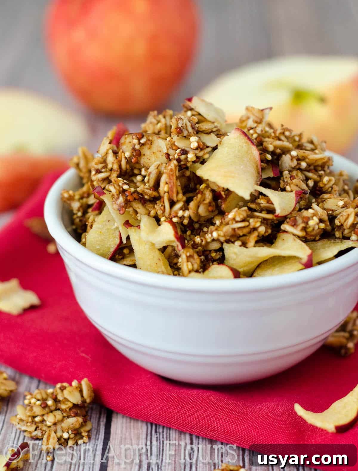 Crispy Apple Quinoa Granola Recipe 3 A bowl of apple quinoa granola.