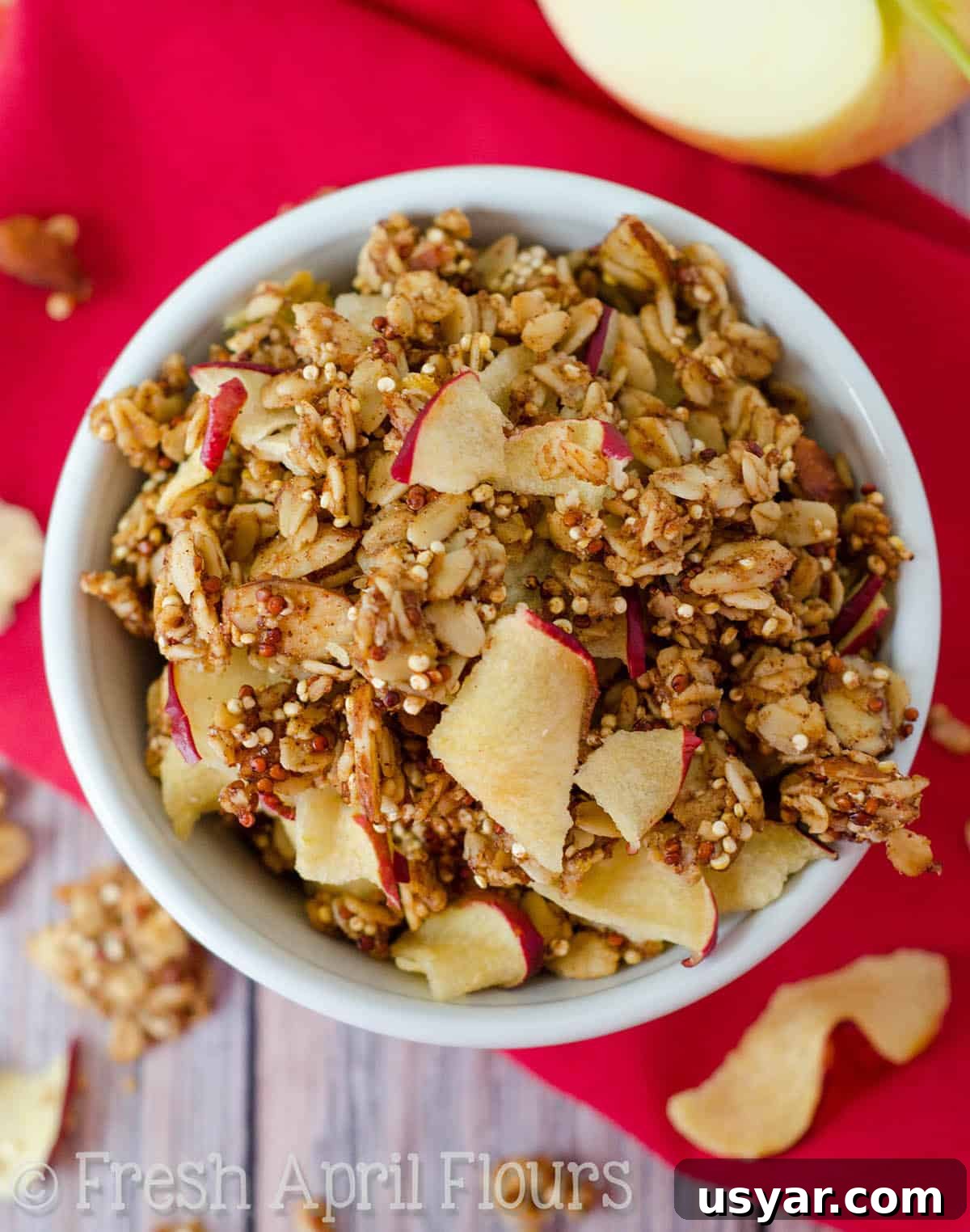 Crispy Apple Quinoa Granola Recipe 4 Aerial photo of a bowl of apple quinoa granola.