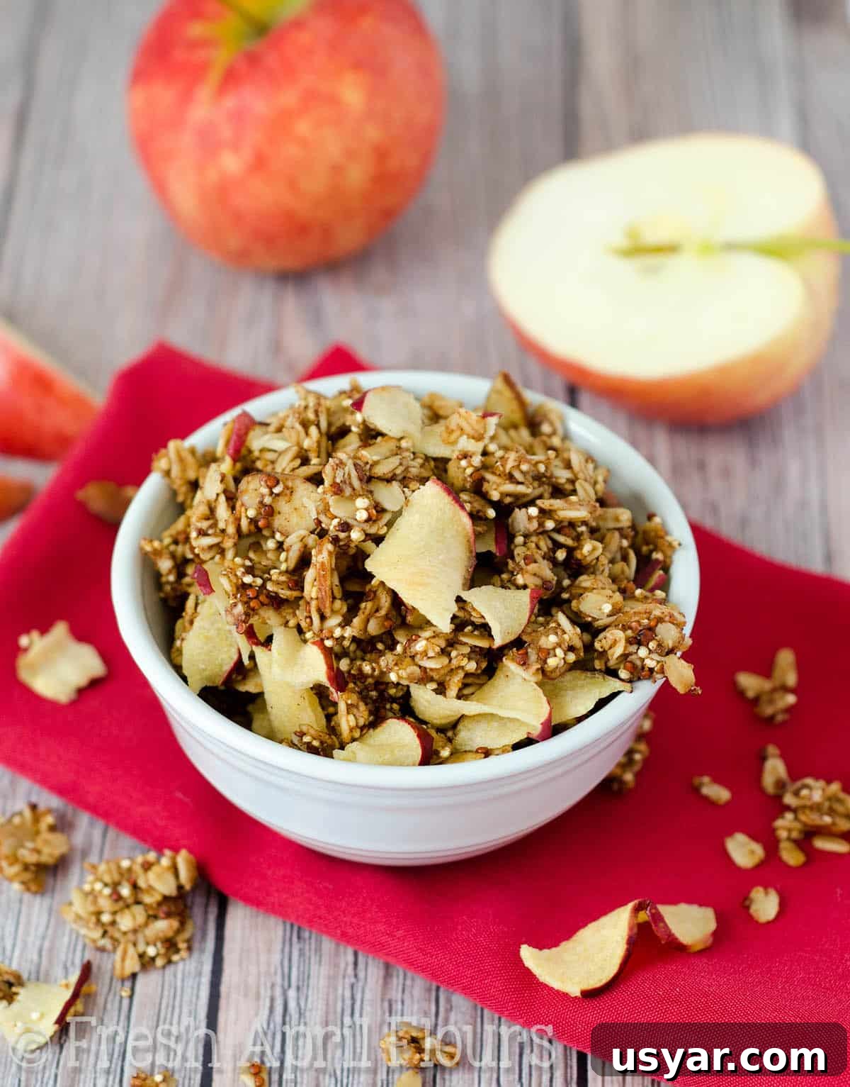Crispy Apple Quinoa Granola Recipe 5 A bowl of apple quinoa granola.