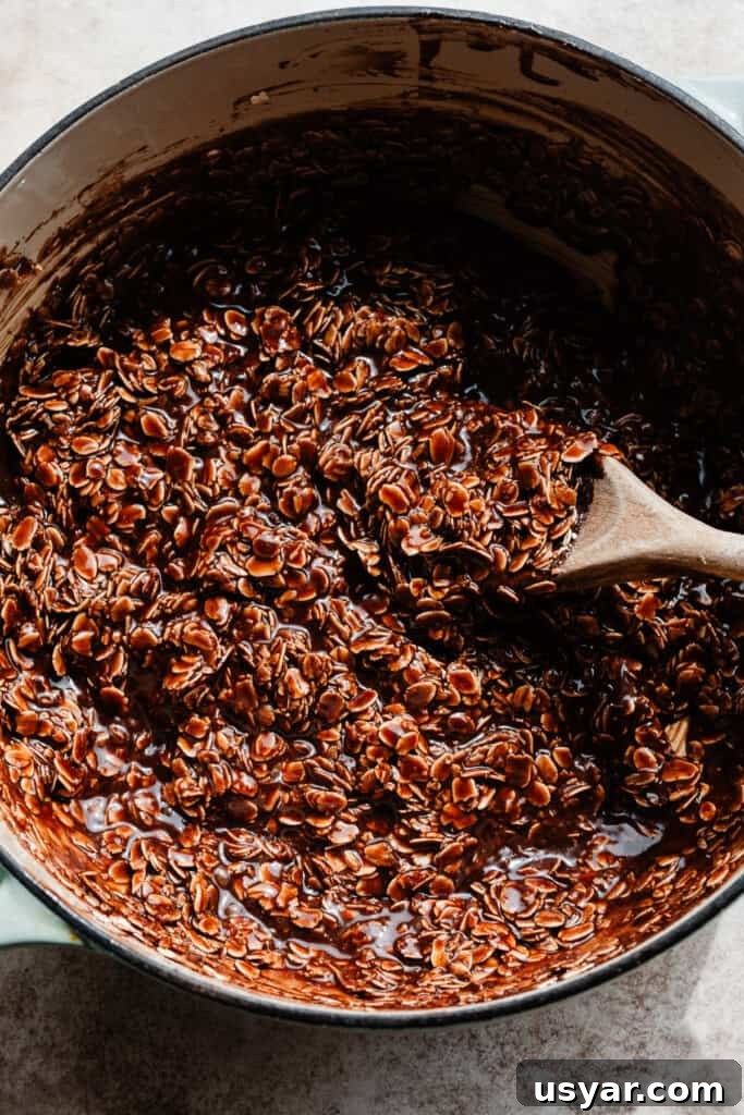 A pot of the chocolate mixture with the oats & peanut butter added.
