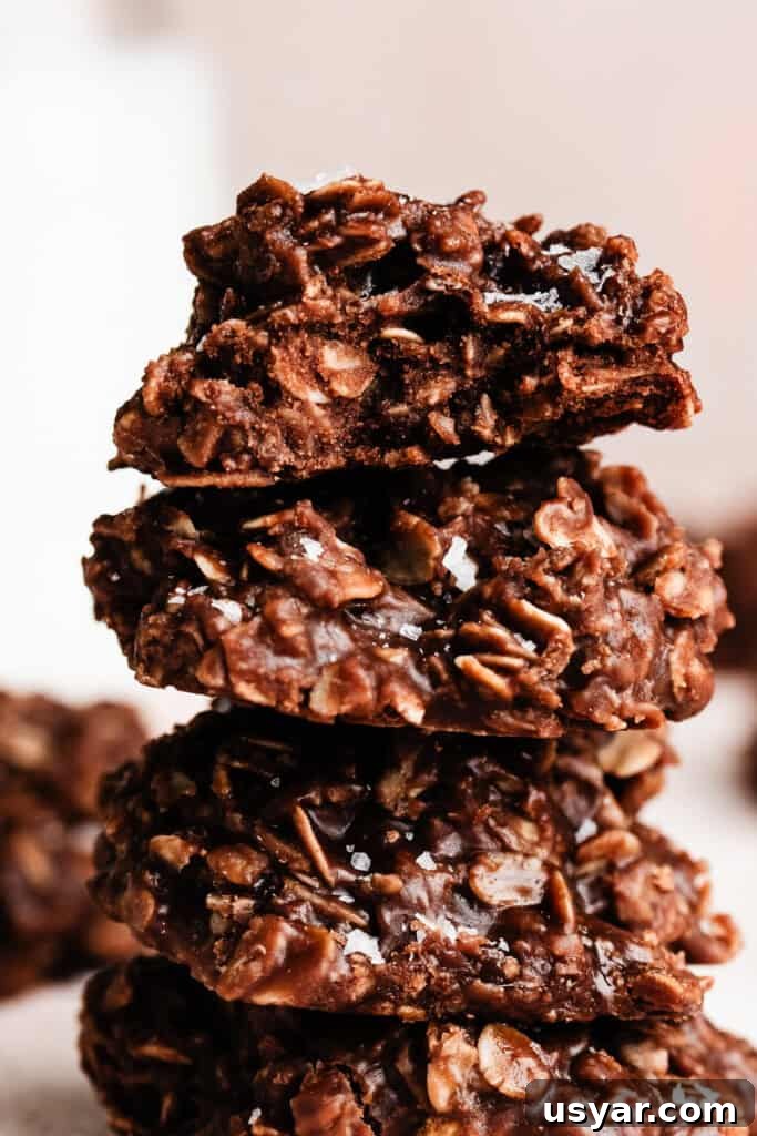 A close-up on a stack of no bake cookies.