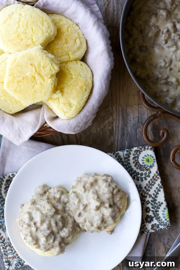 How to Make Gluten-Free Sausage Gravy 4 overhead view of basket of biscuits and plate of biscuits and gravy