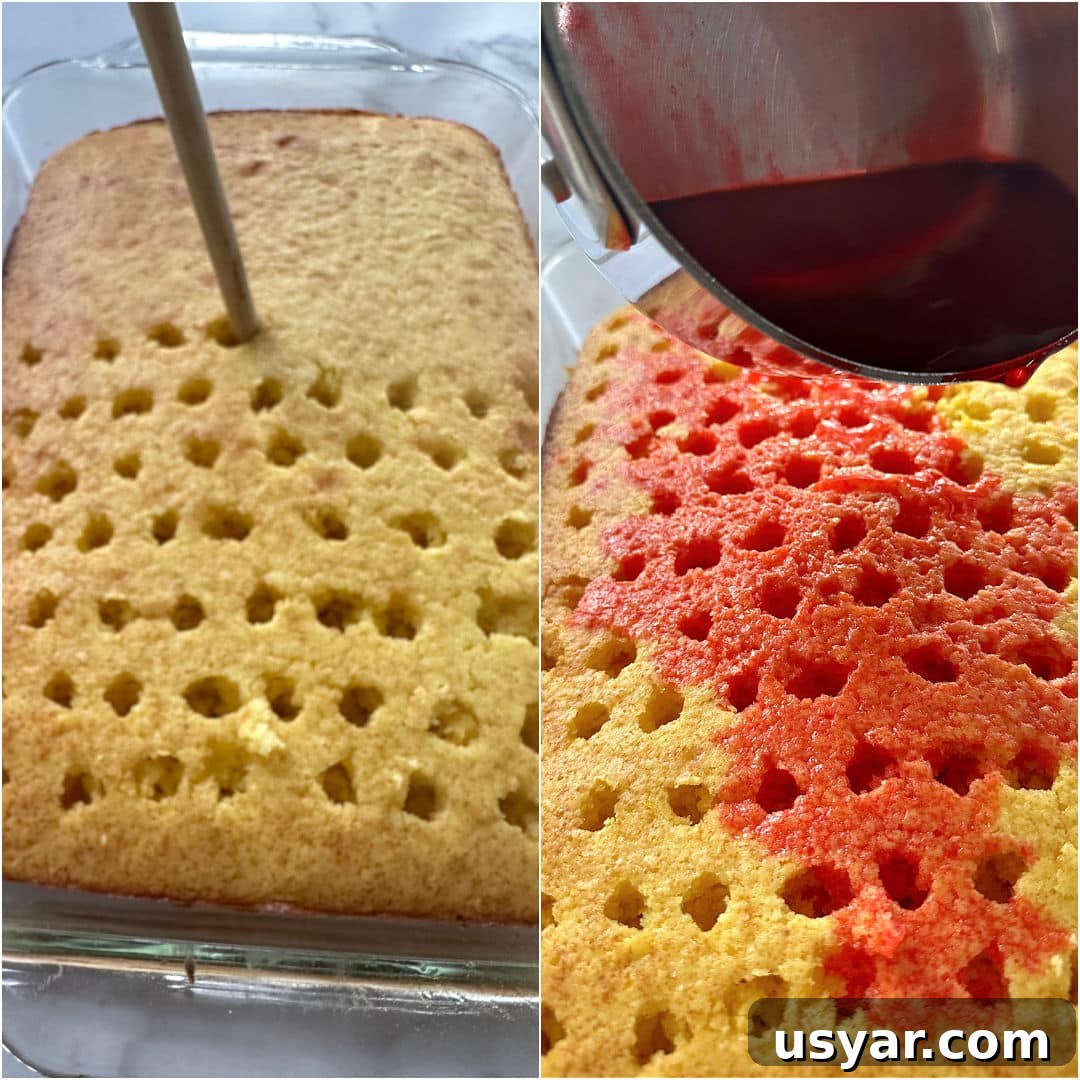 Refreshing Strawberry Lemonade Poke Cake 4 Poking holes in cake and pouring gelatin in holes.