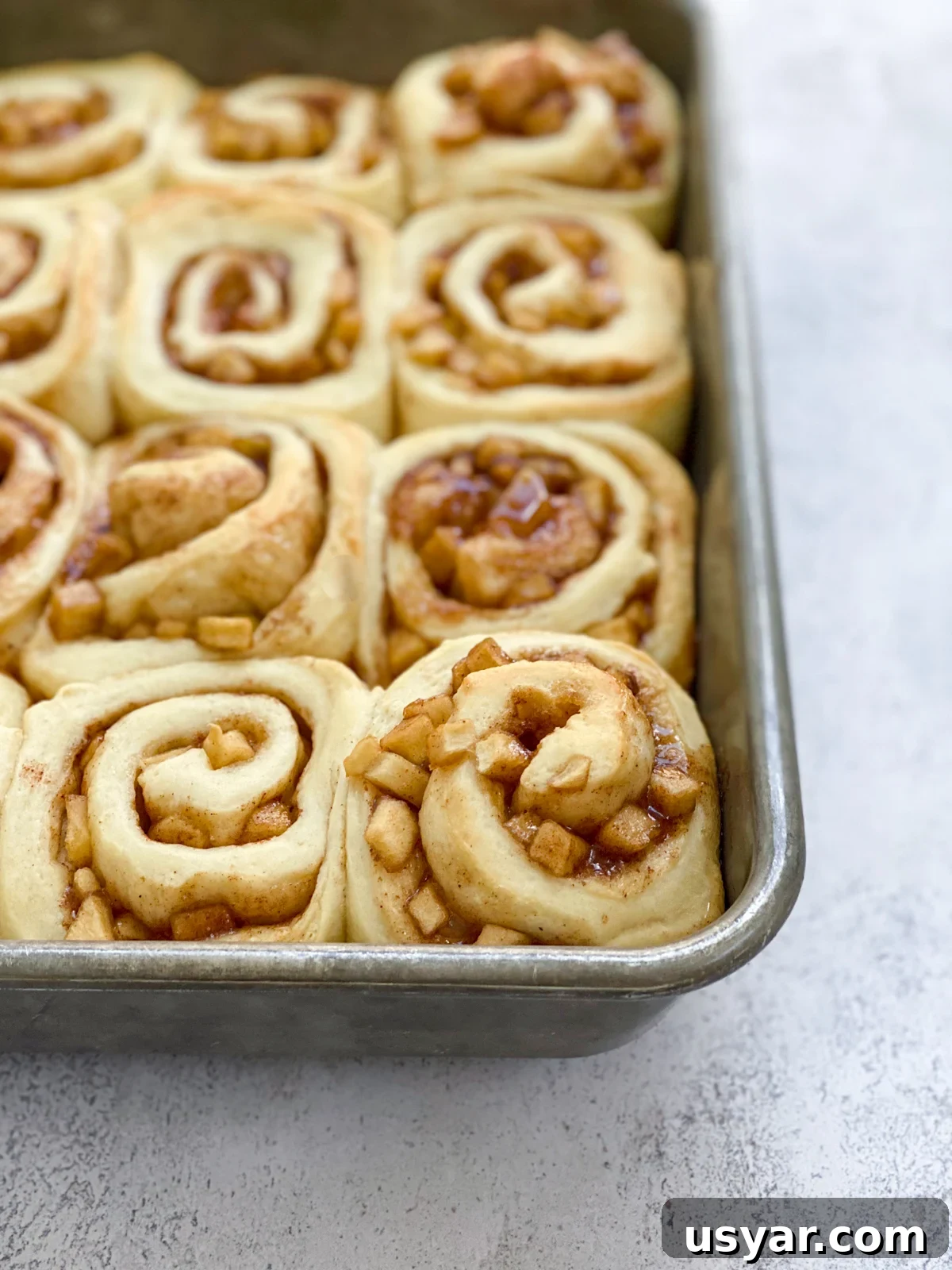 Cinnamon Rolls Stuffed with Apple Pie Filling 4 a side view of cinnamon rolls with apple pie filling right after baking.