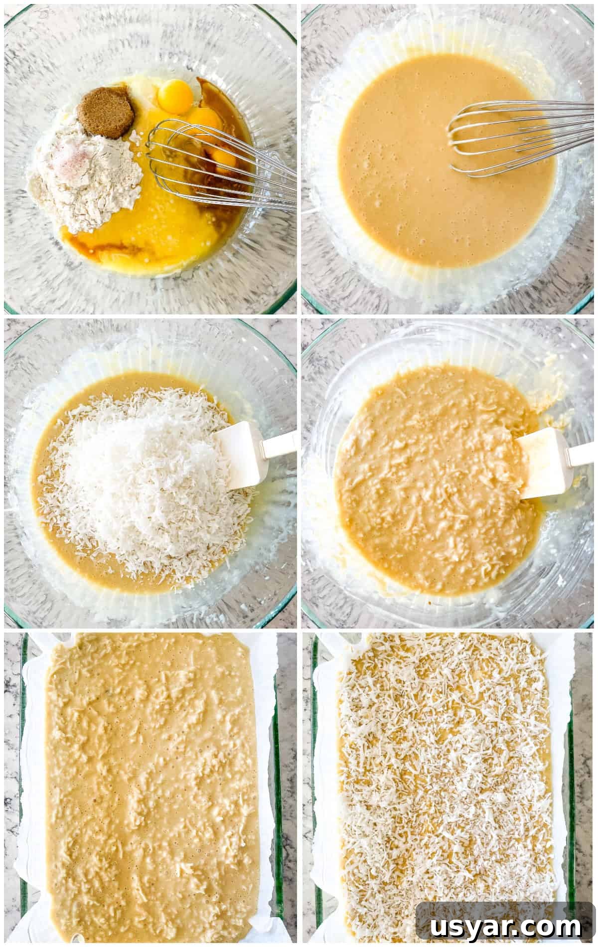 Homemade Chewy Buttery Coconut Bars 4 process shots - how to make coconut bars filling