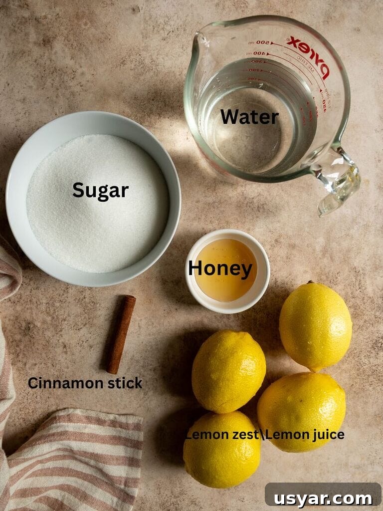 Lemonopita: Greek Lemon Cake with Phyllo 4 Ingredients for the syrup include: Water, sugar, honey, cinnamon stick, lemon juice and lemon zest