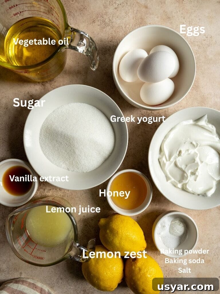 Lemonopita: Greek Lemon Cake with Phyllo 5 Ingredients for the cake include: Vegetable oil, eggs, sugar, Greek yogurt, vanilla extract, lemon juice, lemon zest, honey, baking powder, baking soda, and salt.