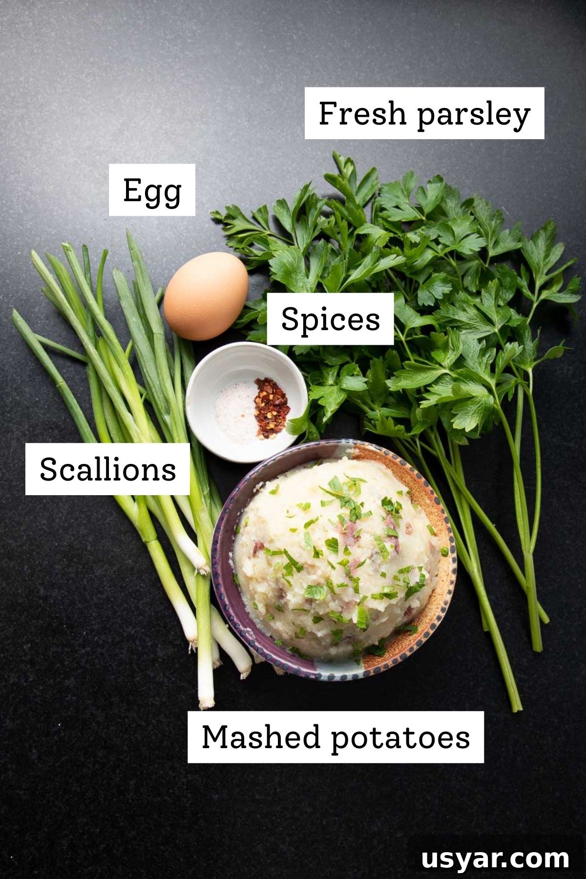 Crispy Leftover Mashed Potato Waffles 3 Labeled ingredients: Fresh parsley, egg, spices, scallions, mashed potatoes.