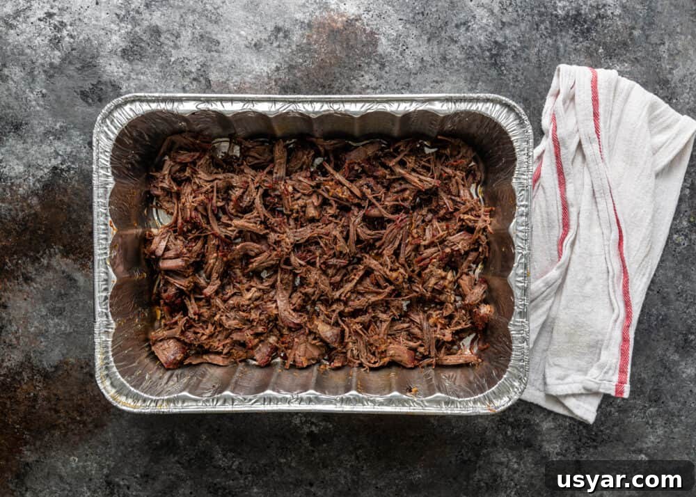 shredded bbq beef in pan