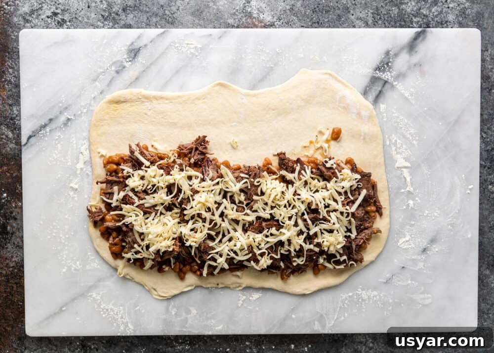 pepper jack cheese added to bbq beef rolls