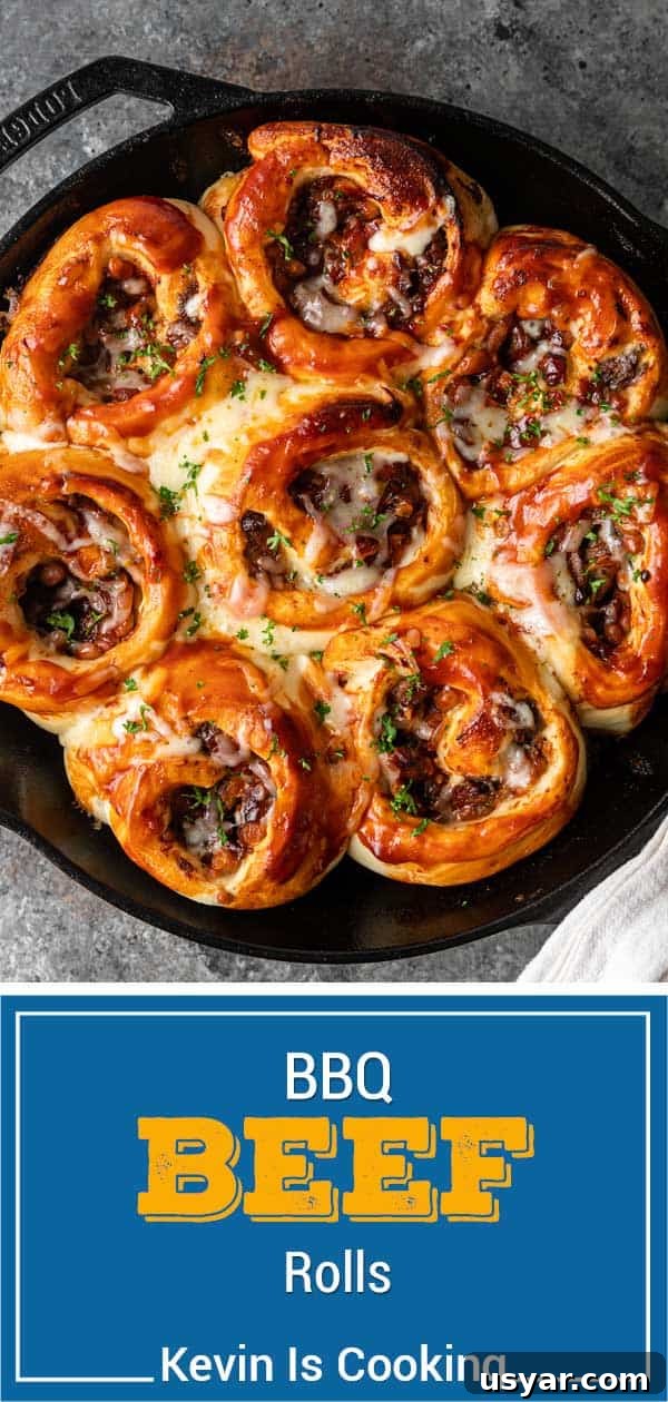 overhead view of skillet with bbq beef rolls